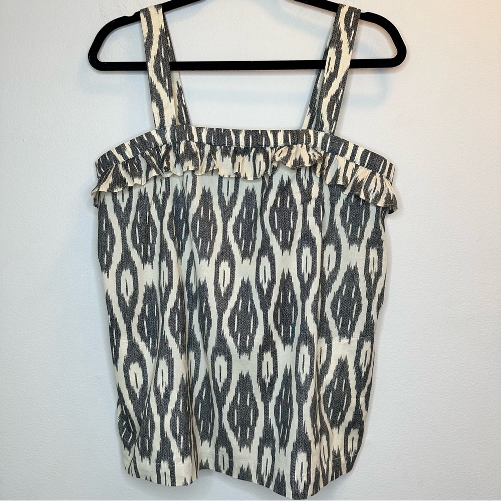 J.Crew Women’s Ikat Ruffle Flounce Tank Top Gray / Tan Cotton With Pockets Sz 10